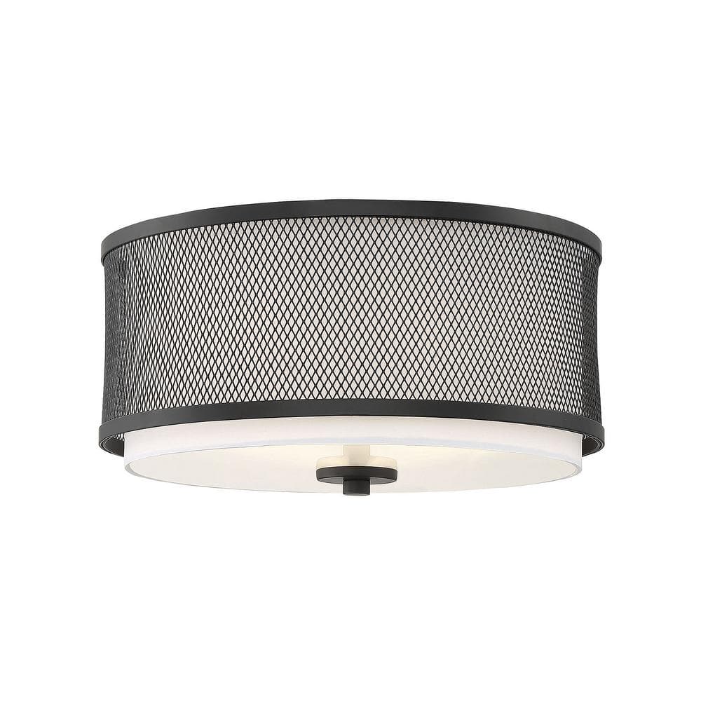 14.75 in. W x 6.25 in. H 3-Light Matte Black Flush Mount Ceiling Light with White Fabric Shade and Metal Mesh Frame - Hercitys