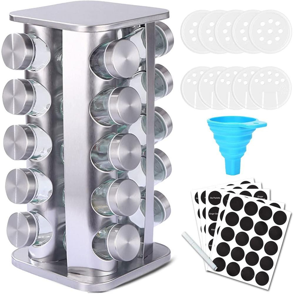 20-shelf Rotating Spice Rack Organizer Carousel Tower Stainless Steel in Silver - Hercitys
