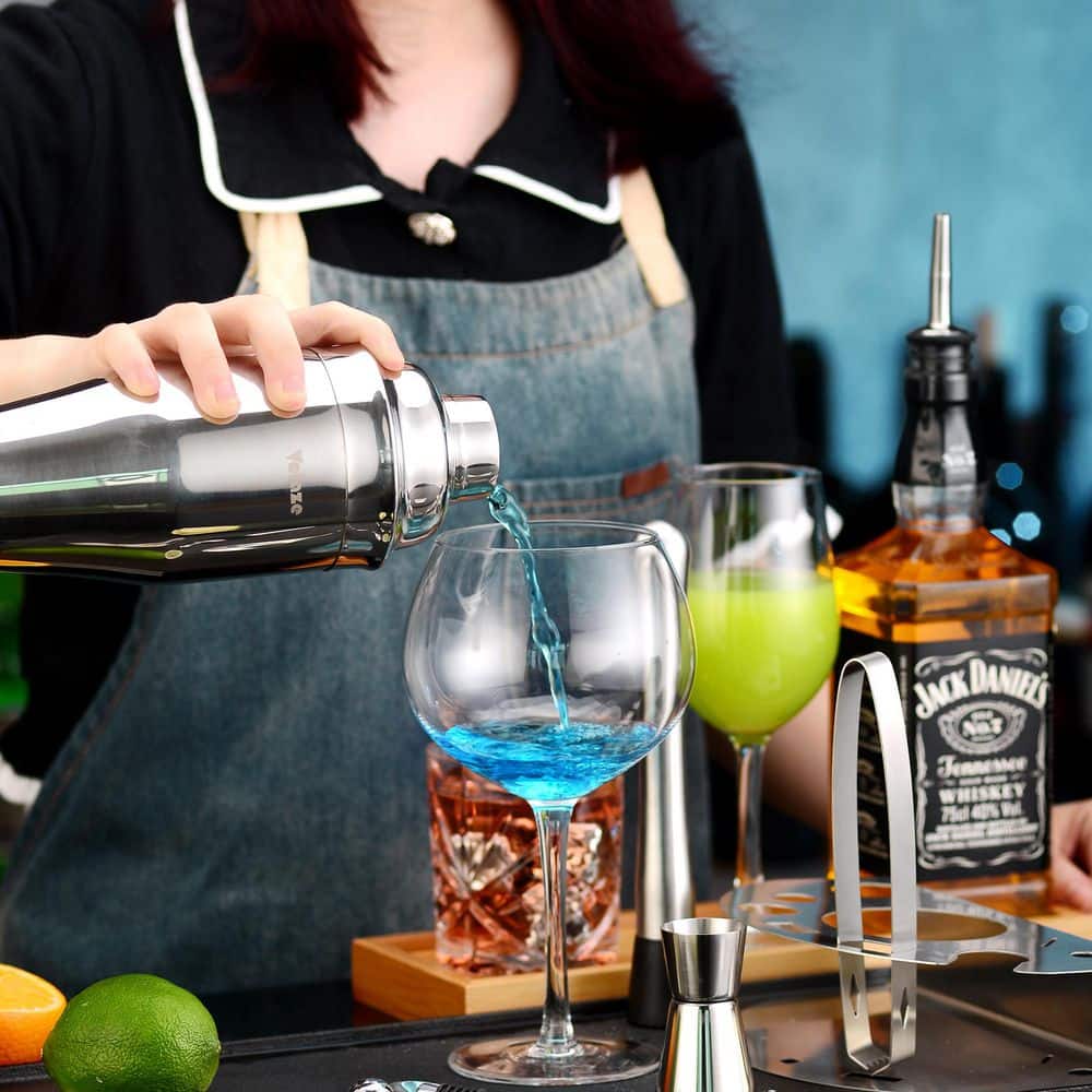 10-Piece Silver Stainless Steel Cocktail Shaker Set Cocktail Shaker 850ml with Pourer Stopper Muddler Mixing Spoon etc. - Hercitys