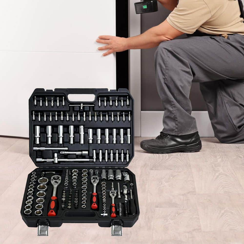 14 in. Black Carbon Steel Lockable Portable Tool Box with Socket and Ratchet Wrench Set - Hercitys