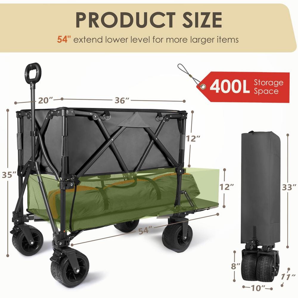 10 cu. ft. Black Metal Garden Cart Double Decker Wagon Cart with Wheels Foldable, 400 l Large Capacity Collapsible Wagon - Hercitys