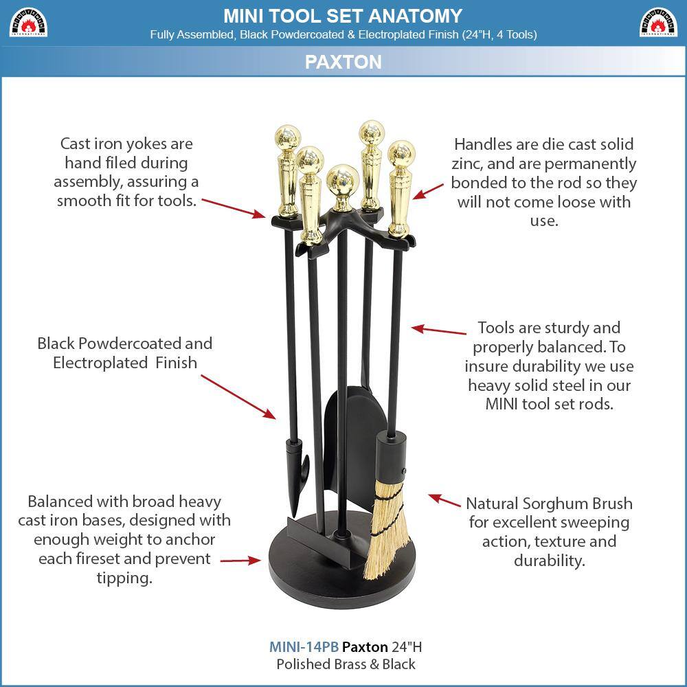 22 in. Tall Polished Brass Paxton 5-Piece Mini Fireplace Tool Set - Hercitys