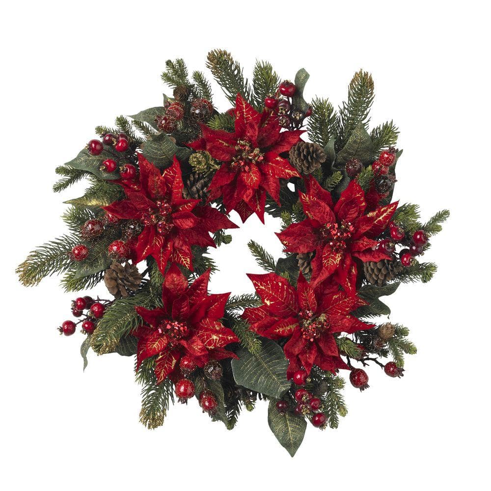 24 in. Artificial Wreath with Poinsettias and Berries - Hercitys