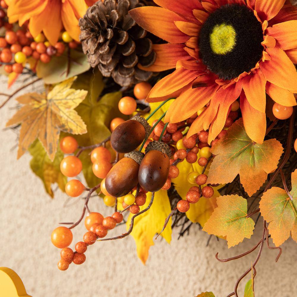 24 in. D Unlit Fall Sunflower, Maple Leaf and Berry Wreath - Hercitys