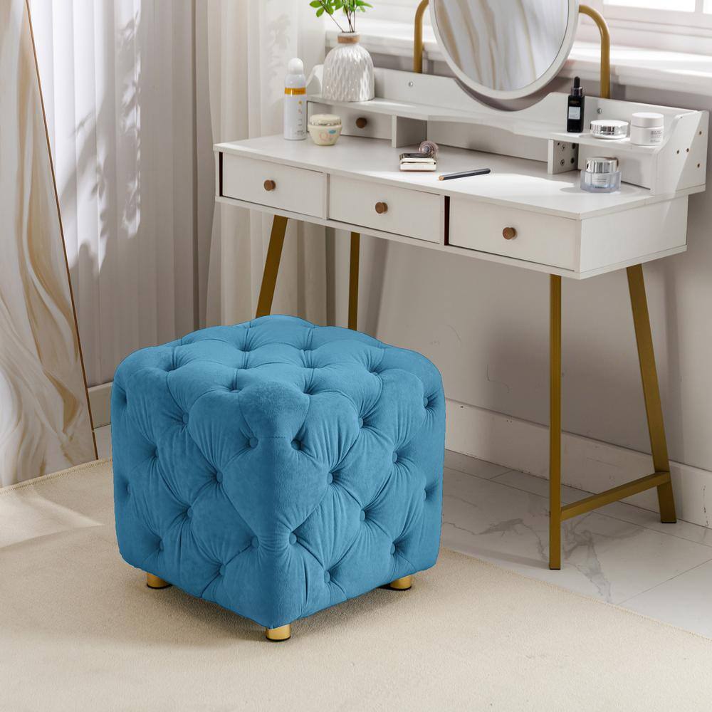 1-Shelf Blue Pantry Organizer with Blue Velvet Upholstered Ottoman, Foot Stool for Bedroom - Hercitys