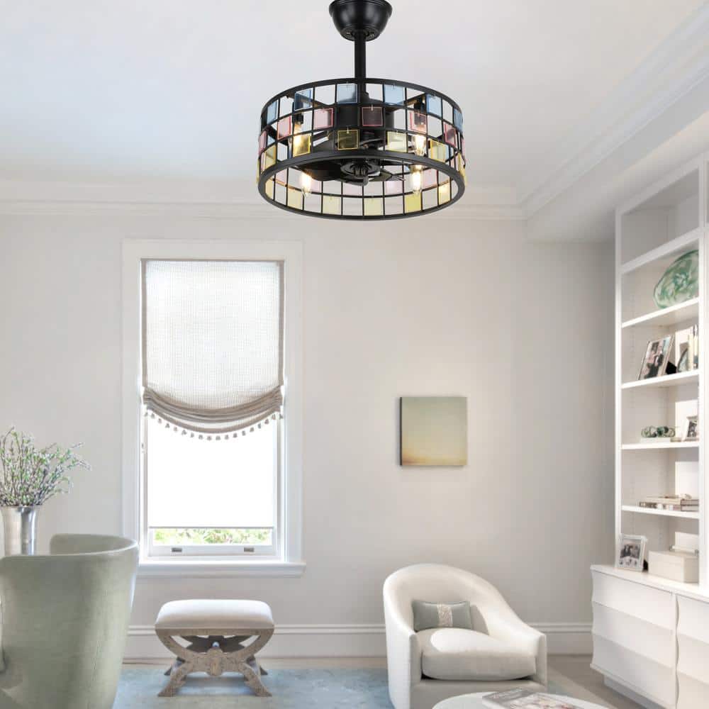 18 in. Indoor Black Colorful Glass Reversible Ceiling Fan with Light and Remote - Hercitys