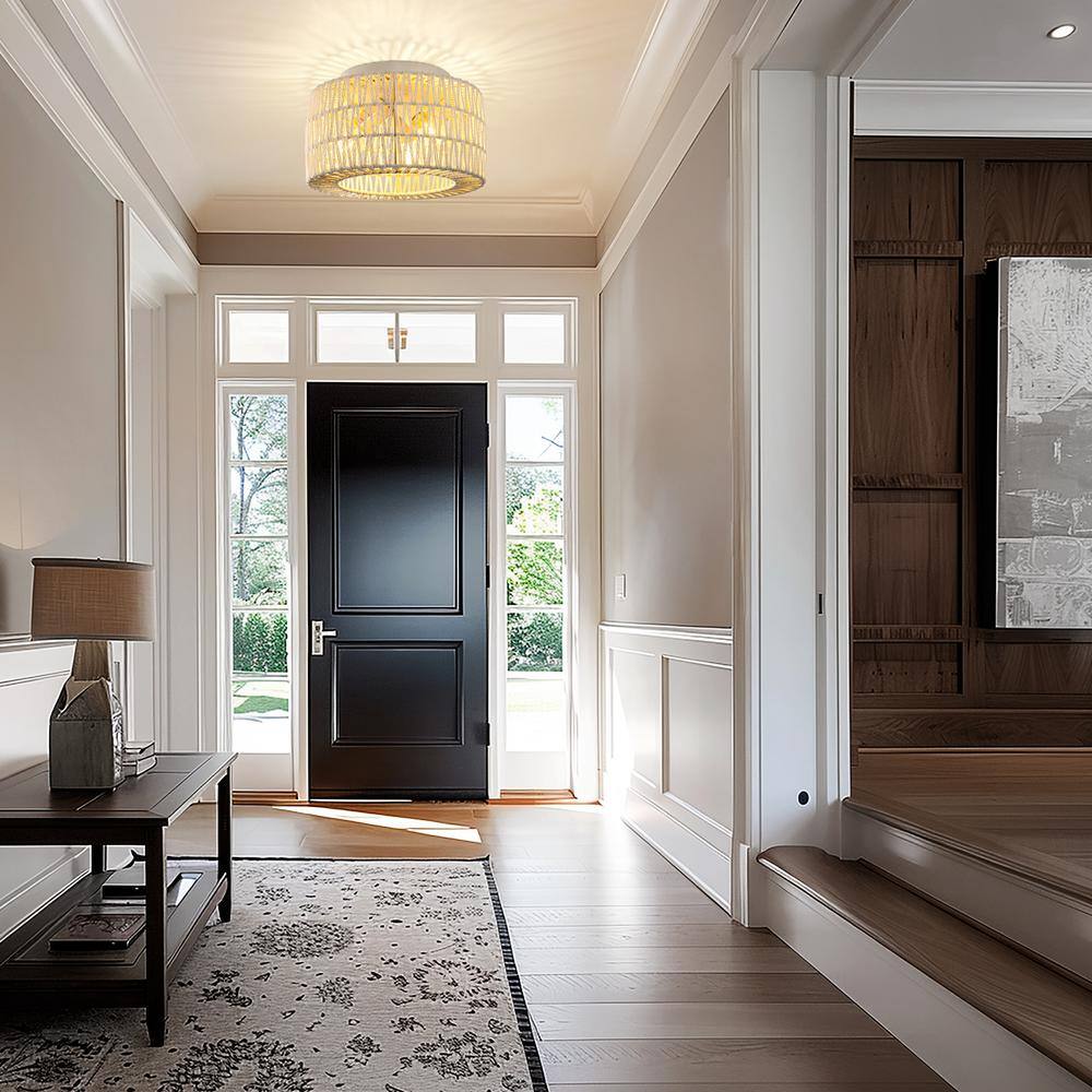 11.8 in. 3-Light White Rattan Ceiling Light with Hand-Woven Cage Shade for Hallway or Bedroom - Hercitys