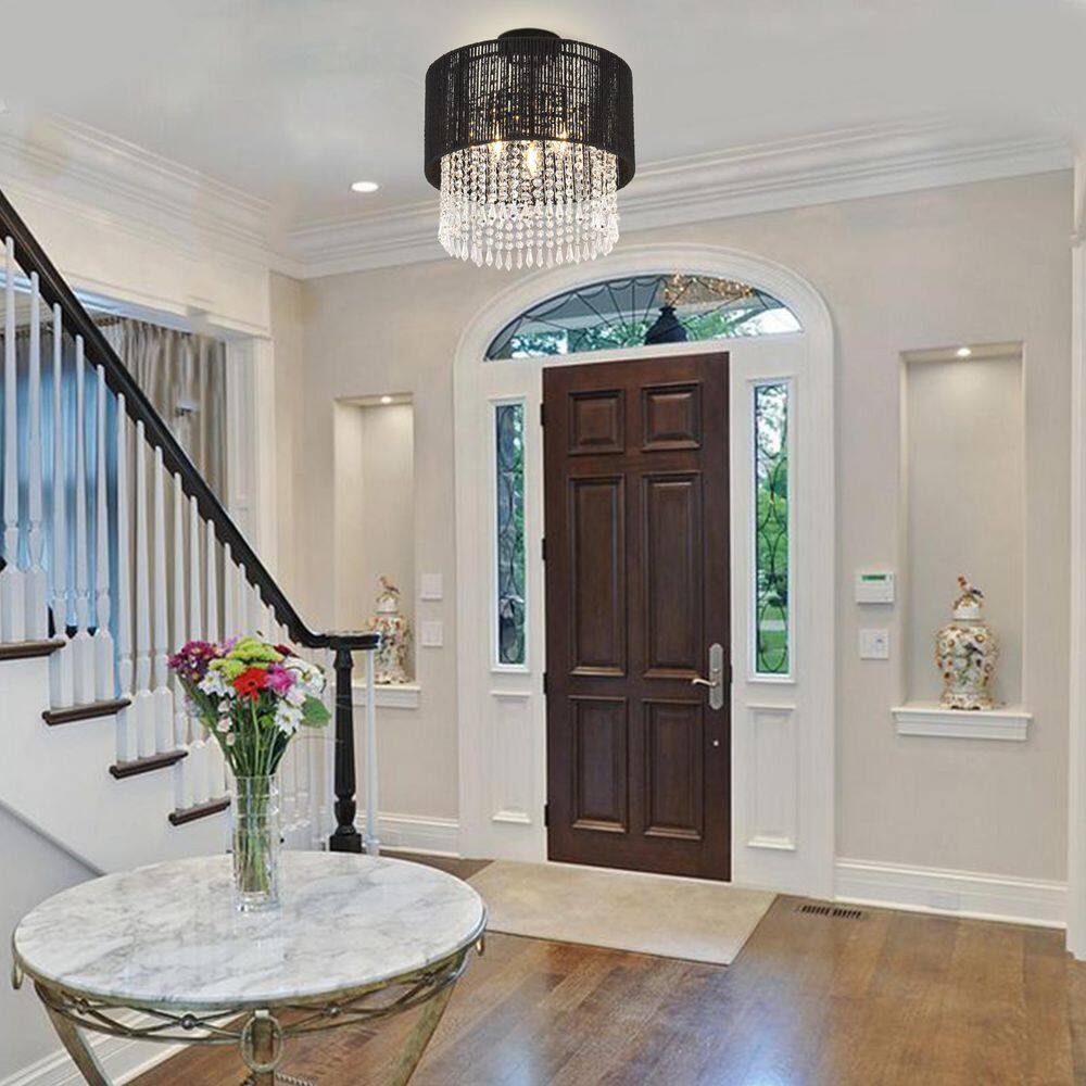 14.97 in. 3-Light Semi-Flush Mount with Rattan Shade and No Bulbs Included - Hercitys