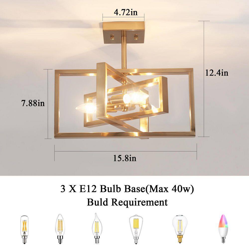15.8 in. 3-Light Brass Semi- Flush Mount - Hercitys