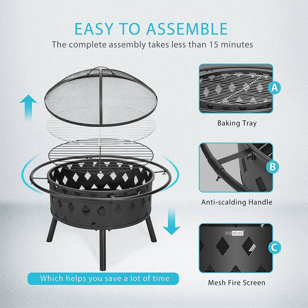 37.8 in. x 21.4 in. Round Iron Wood Fire Pit with Spark Screen, Round Grill Grid, Poker and Fireplace Cover (6-Piece) - Hercitys