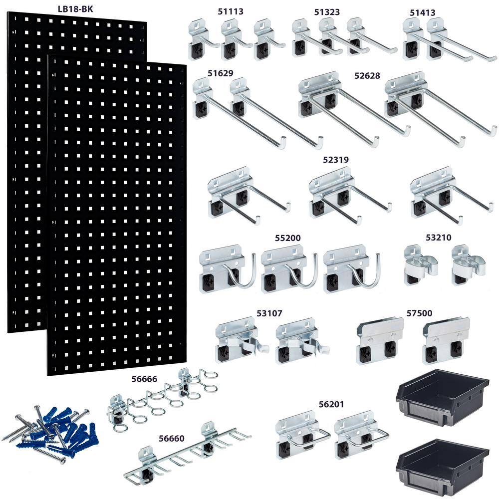 (2) 18 in. W x 36 in. H Black Steel Square Hole Pegboards with 30-piece LocHook Assortment and Hanging Bin System - Hercitys