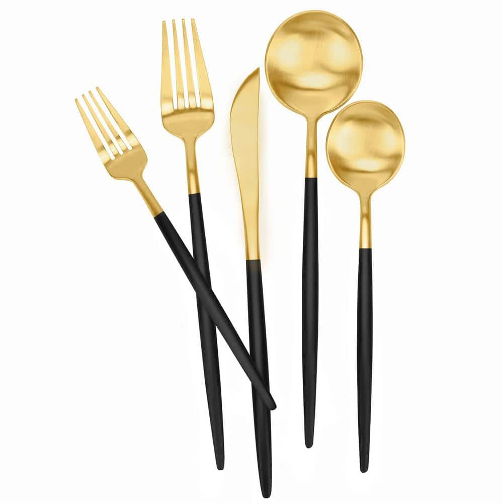 30-Piece Stainless Steel Flatware Serving Set-Matte Black Gold Service for 6, Satin Finished Polished, Dishwasher Safe - Hercitys
