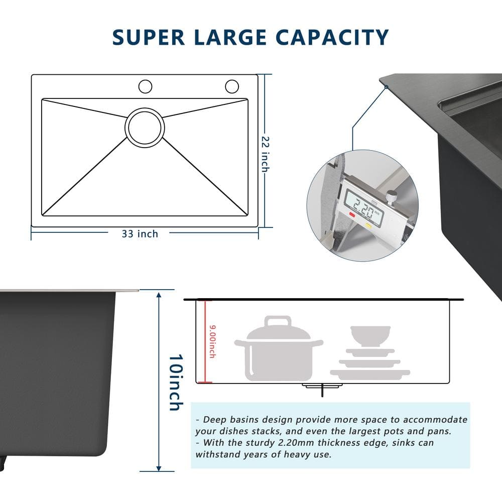33 in. Drop-In/Undermount Single Bowl 16 Gauge Gunmetal Black Stainless Steel Kitchen Sink with Bottom Grids - Hercitys