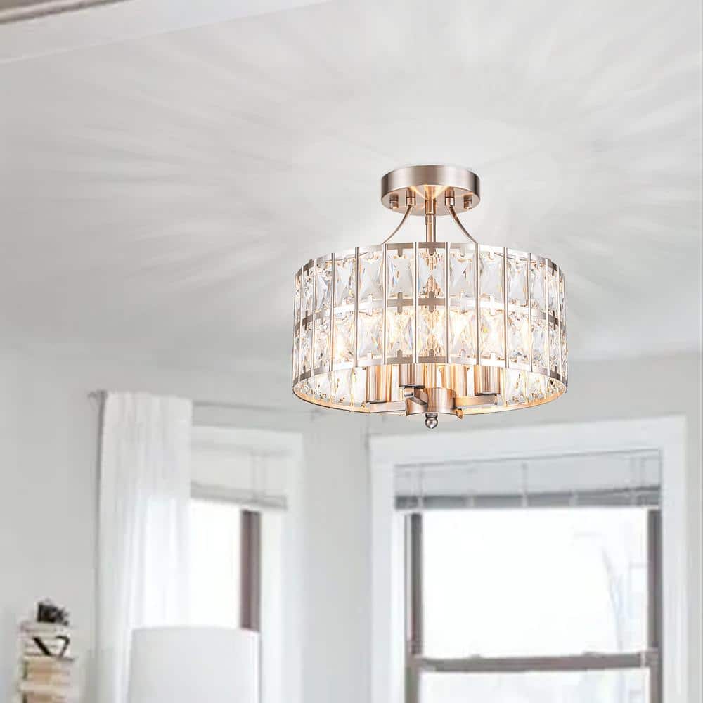 12.6 in. 4-Light Round Nickel Drum Semi Flush Mount Ceiling Light with Clear Crystal Glass with No Bulbs Included - Hercitys