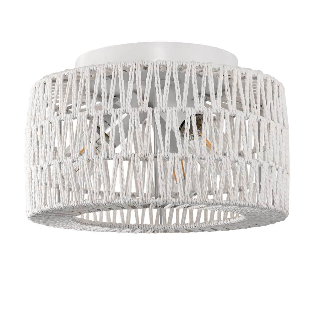 11.8 in. 3-Light White Rattan Ceiling Light with Hand-Woven Cage Shade for Hallway or Bedroom - Hercitys