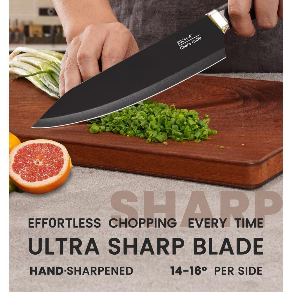 15-Piece German High Carbon Stainless Steel Knife Block Set in Black with Build-in Knife Shapener, Dishwasher Safe - Hercitys