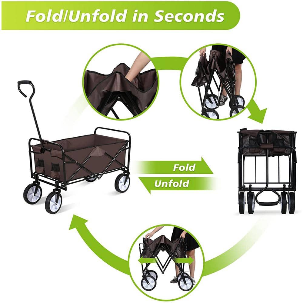 4.71 cu. ft. Steel Garden Cart Rolling Collapsible Camping Wagon w/360-Degree Swivel Wheels & Adjustable Handle in Brown - Hercitys