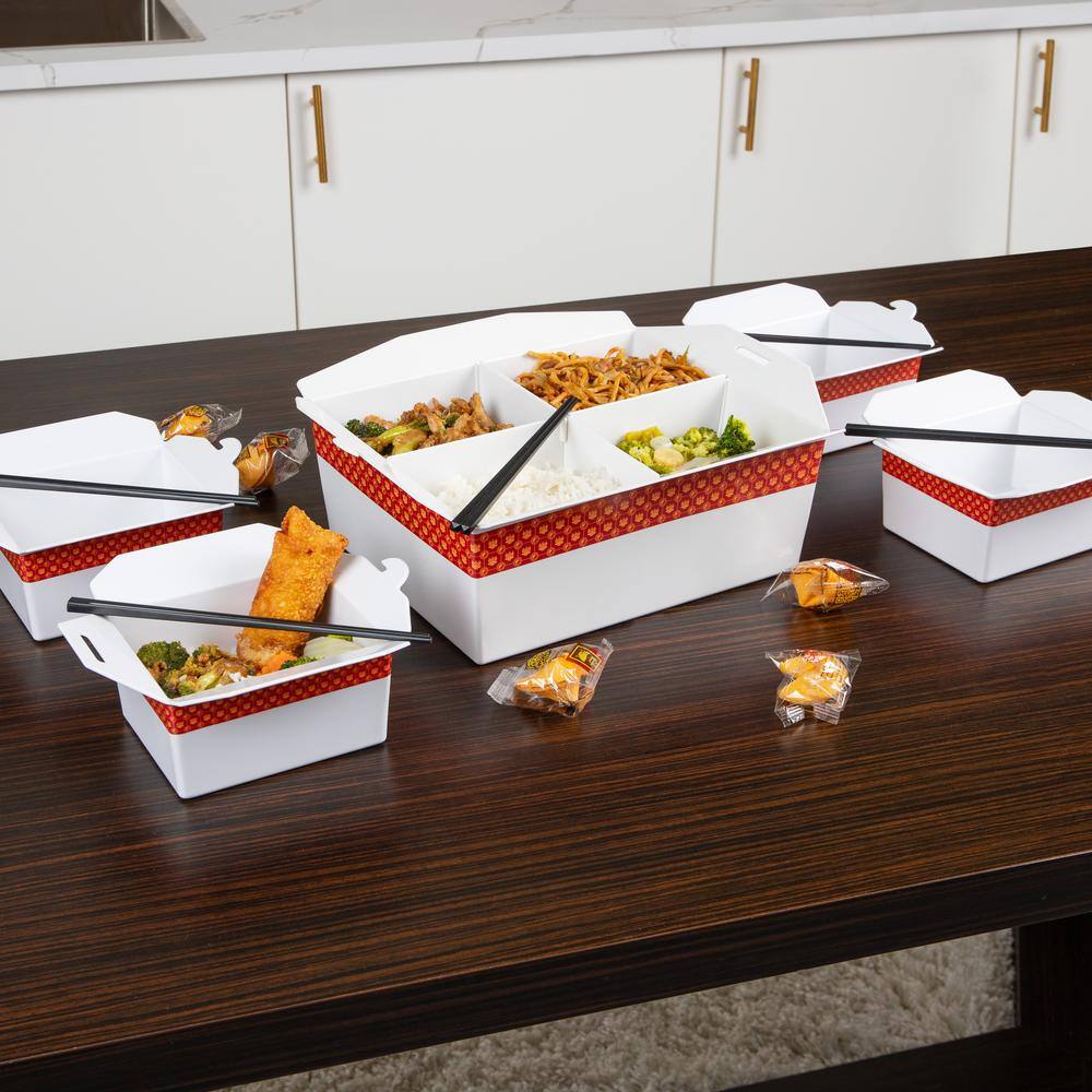 13 in. W x  5.5 in. H x 15 in. D Rectangle White Chinese Take Out Serving Set Divided Serving Tray Melamine Set of 5 - Hercitys