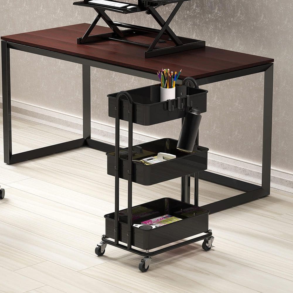 3-Tier Metal -Wheeled Utility Cart in Black - Hercitys