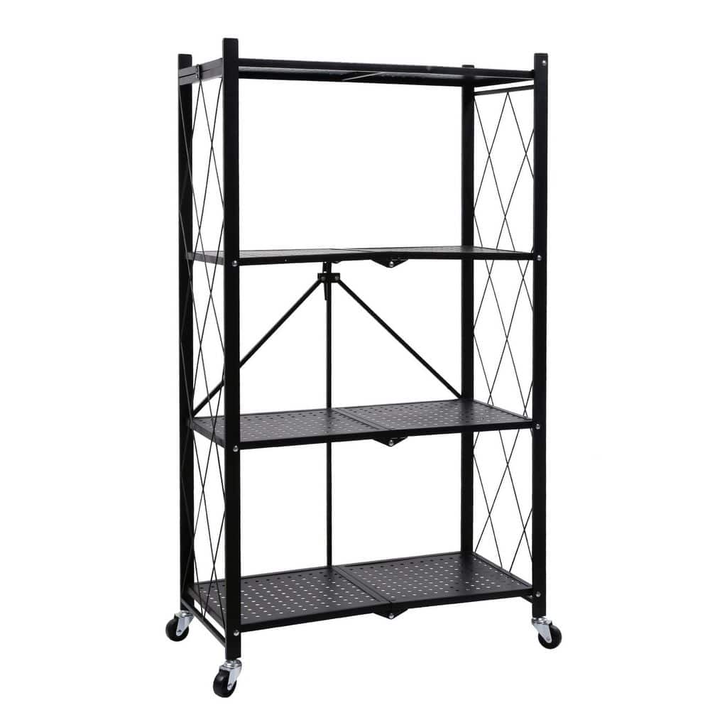 4-Tier Heavy Duty Foldable Metal Rack Storage Shelving Unit with Wheels for Garage Kitchen - Hercitys