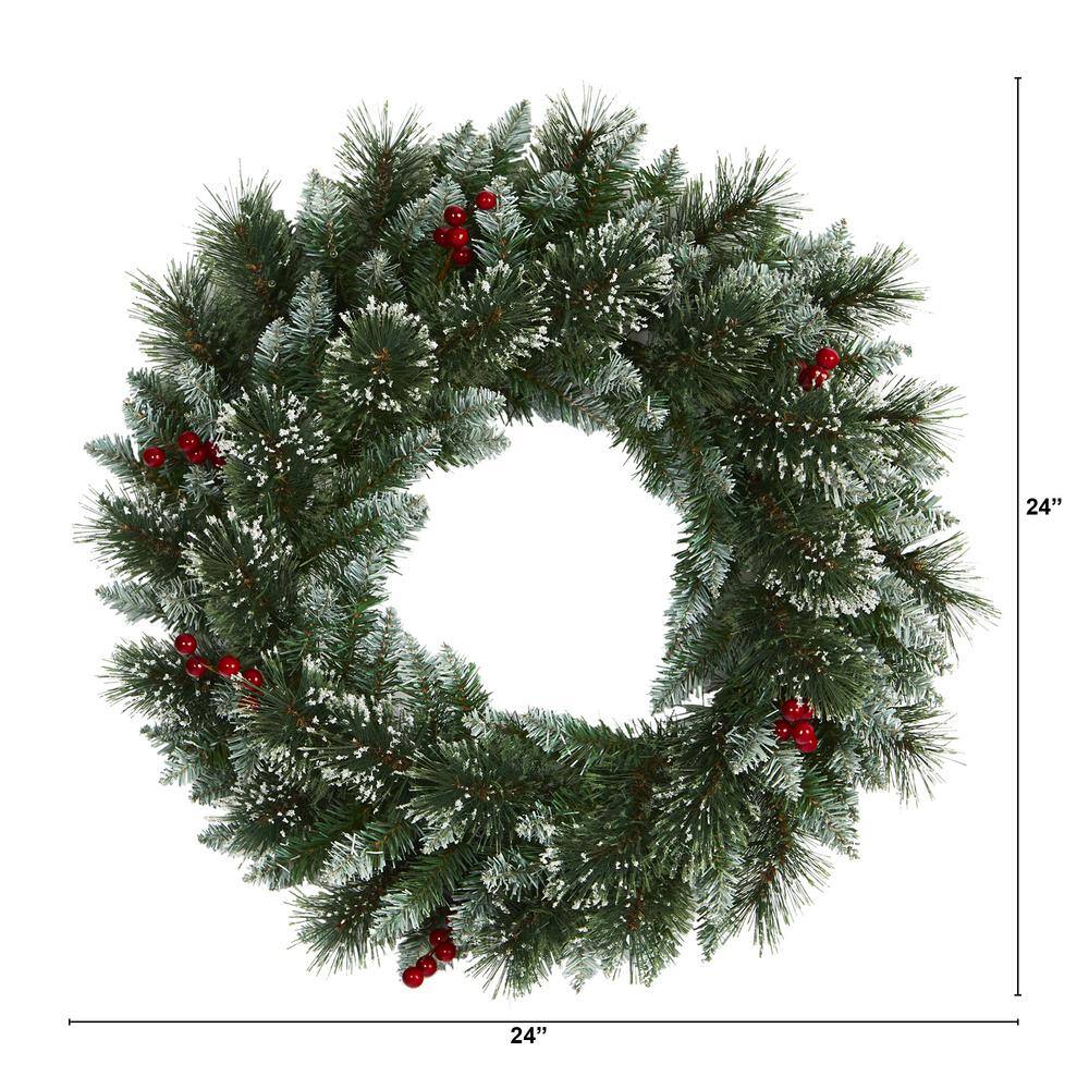 24 in. Pre-Lit Frosted Swiss Pine Artificial Wreath with 35 Clear LED Lights and Berries - Hercitys