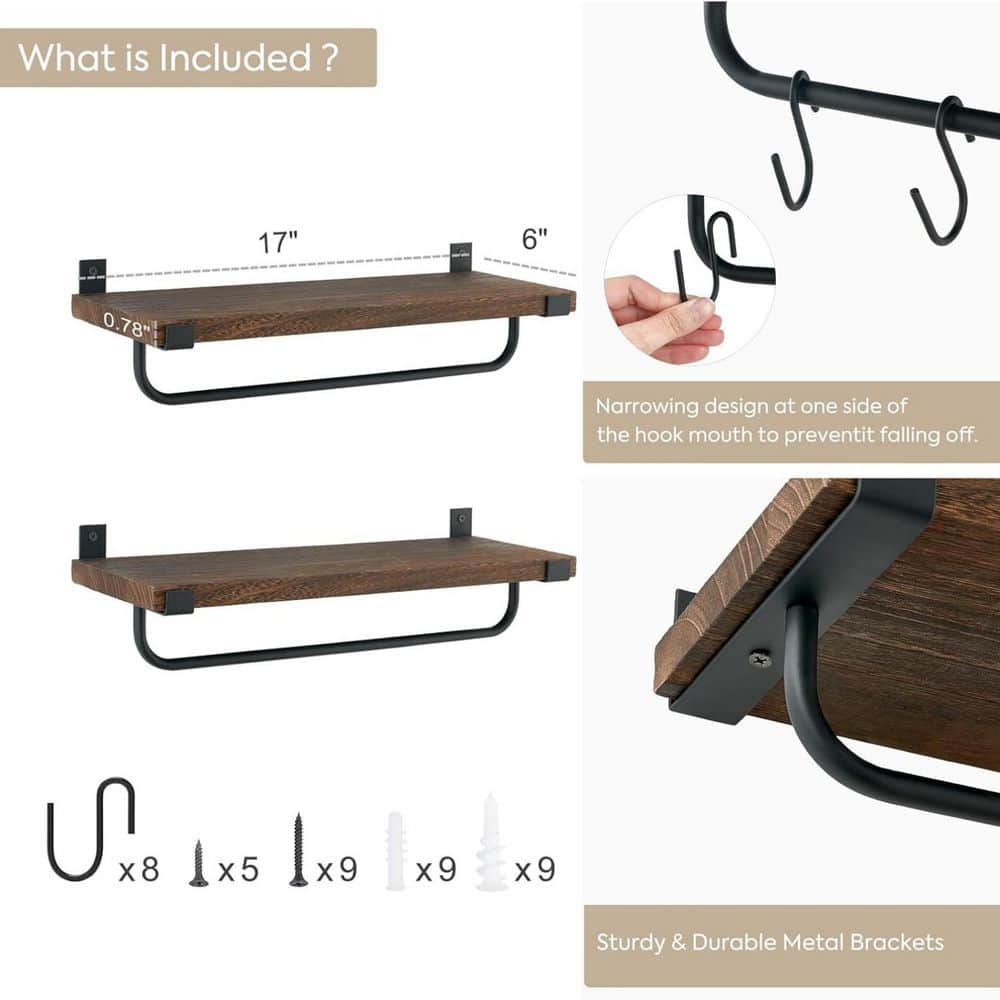 2-Piece Brown Wall Mounted Mug Holder, Coffee Mug Rack, Rustic Wood Floating Shelf, Mug Hook Hanger - Hercitys