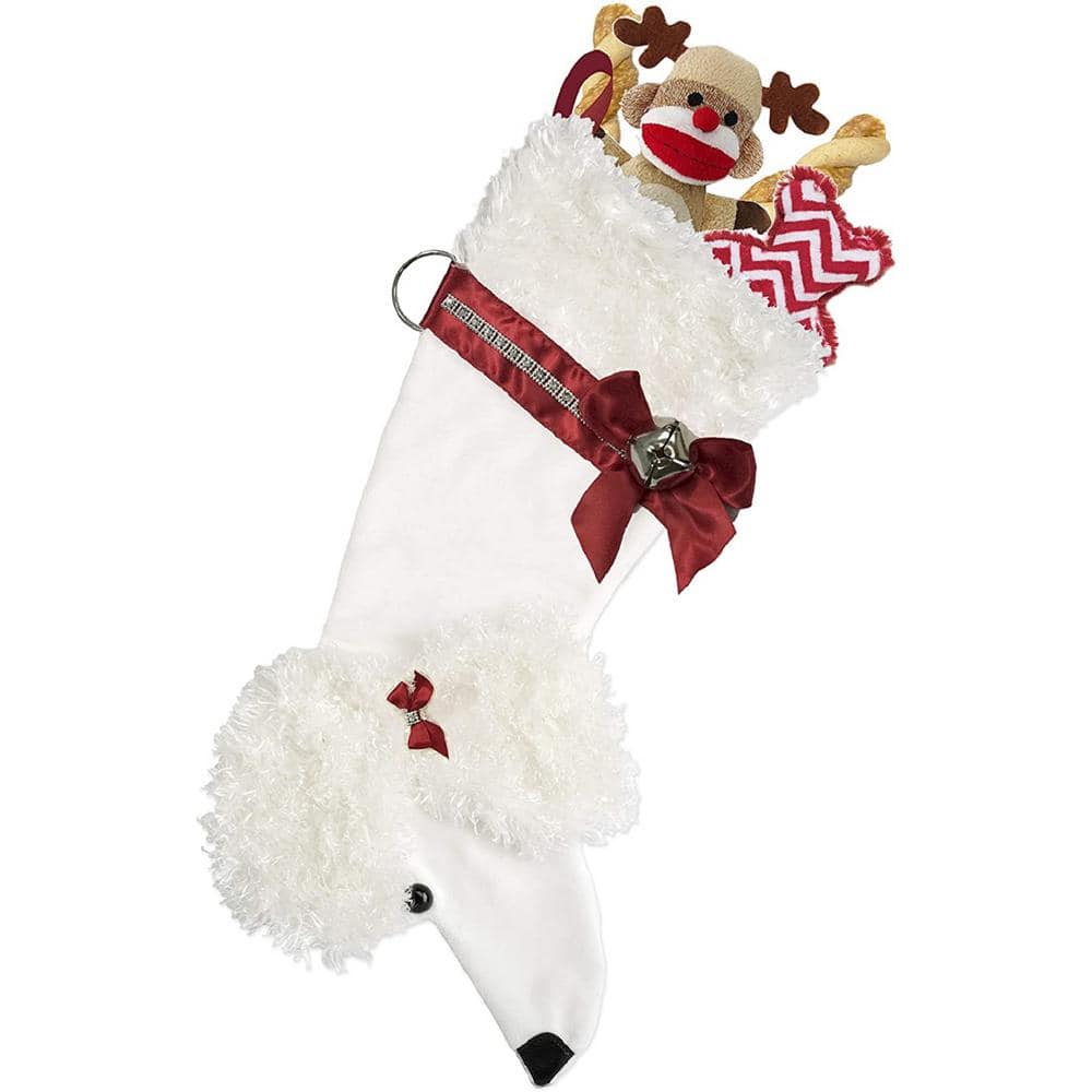 22 in. White Poodle Dog Faux Fur Christmas Stocking - Hercitys