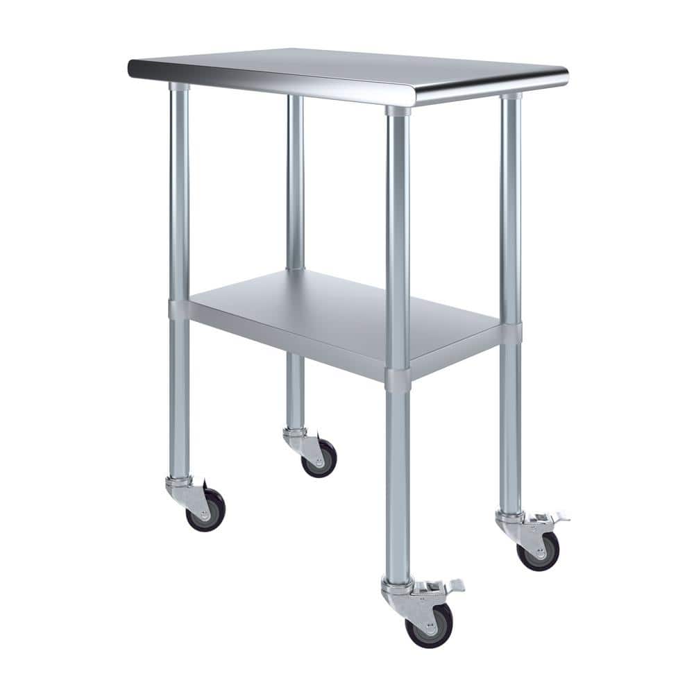 30 in. x 18 in. Stainless Steel Work Table with Casters : Mobile Metal Kitchen Utility Table with Bottom Shelf - Hercitys