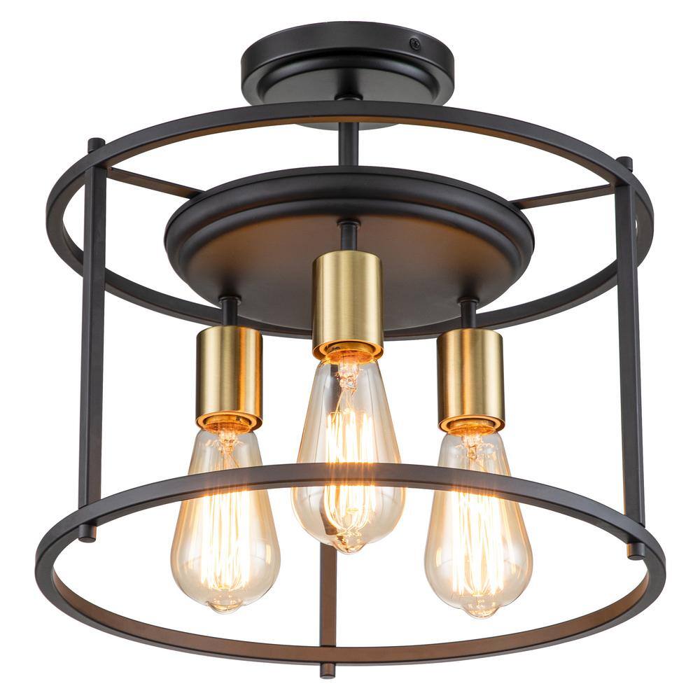 14 in. 3-Light Black and Gold Drum Cage Semi Flush Mount Light - Hercitys