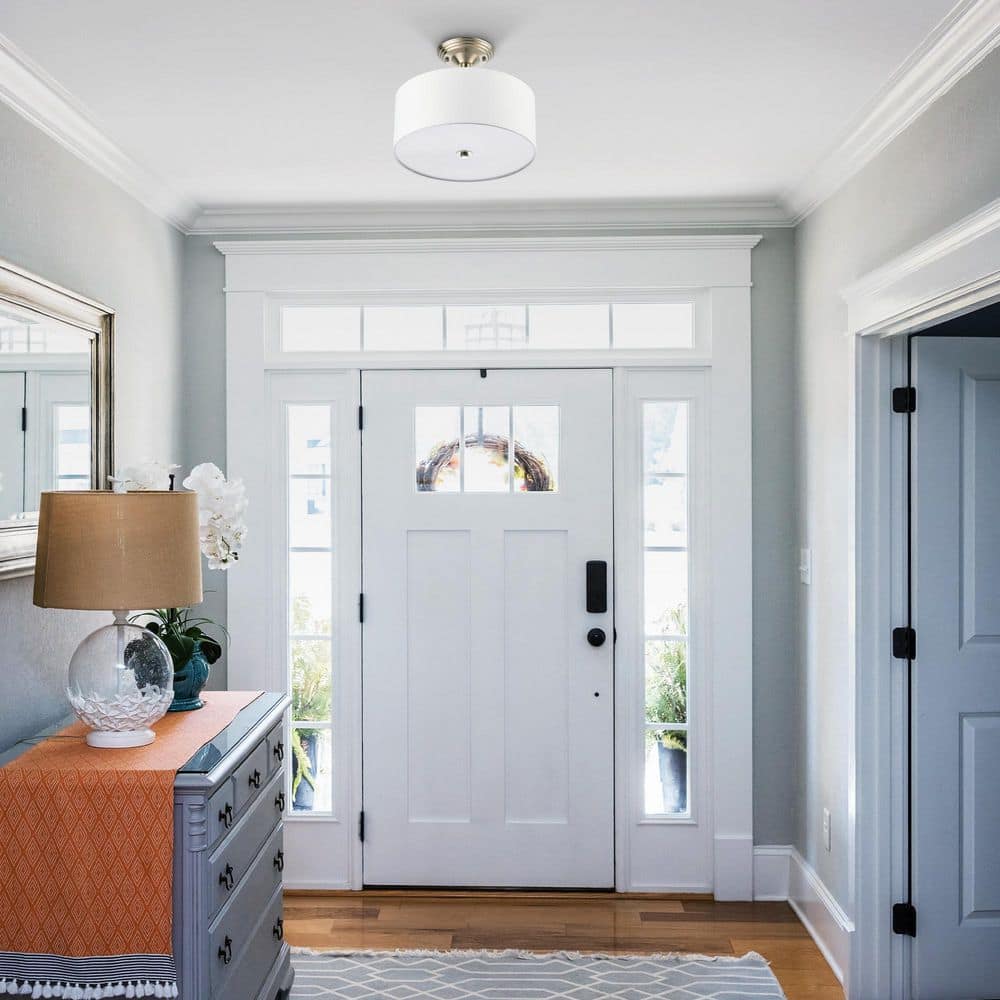 13 in. 2-Light Brushed Nickel Semi-Flush Mount Light with Fabric Drum Shade - Hercitys