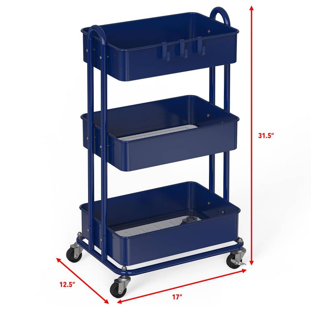 3-Tier Metal -Wheeled Utility Cart in Navy - Hercitys