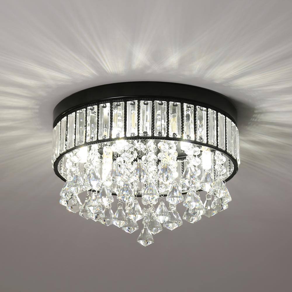 13.77 in. 6-Light Black Modern Round Flush Mount Ceiling Light with Clear Crystal Shade and No Bulbs Included - Hercitys