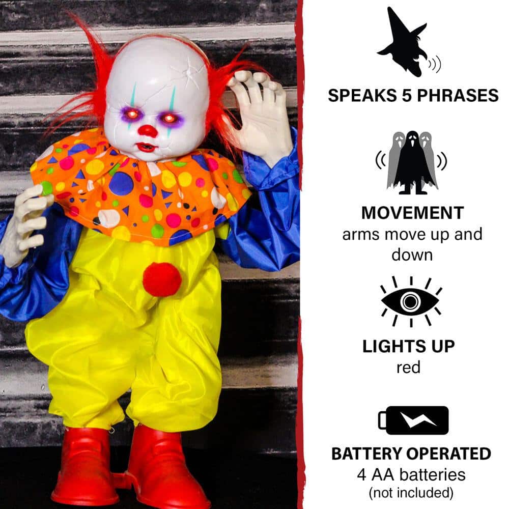 24 in. Battery Operated Animatronic Clown with Red LED Eyes Halloween Prop - Hercitys