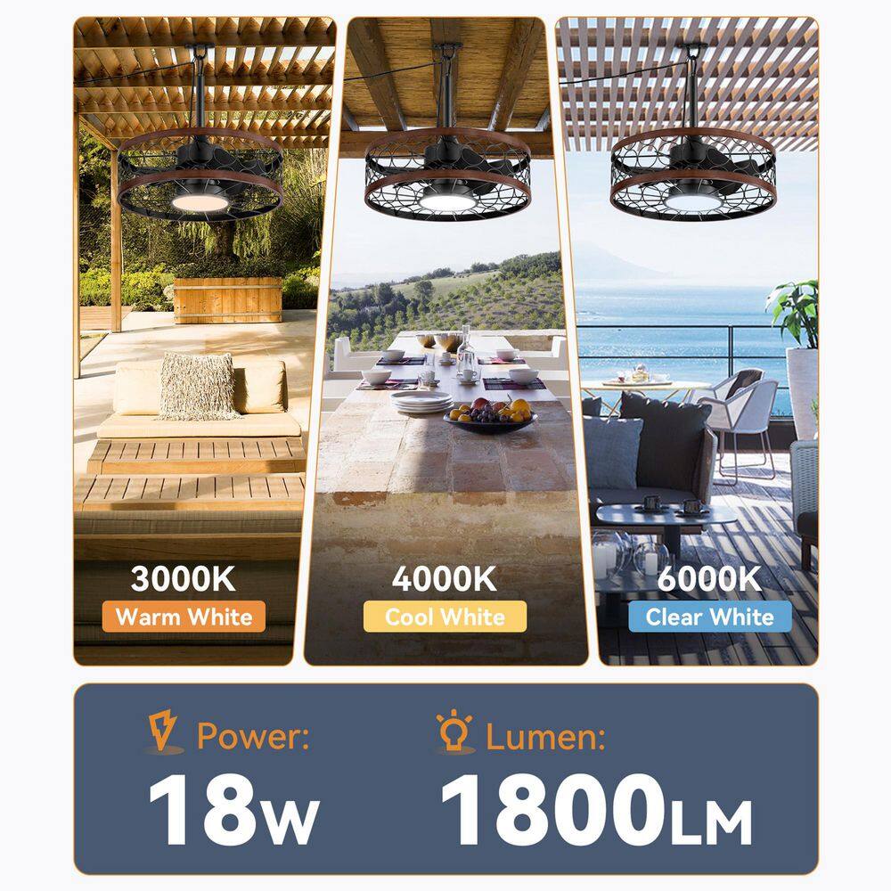 20 in. Outdoor Black 3-Color LED 6-Speed Waterproof Ceiling Fan with Lights and Remote for Porches, gazebos, patios - Hercitys