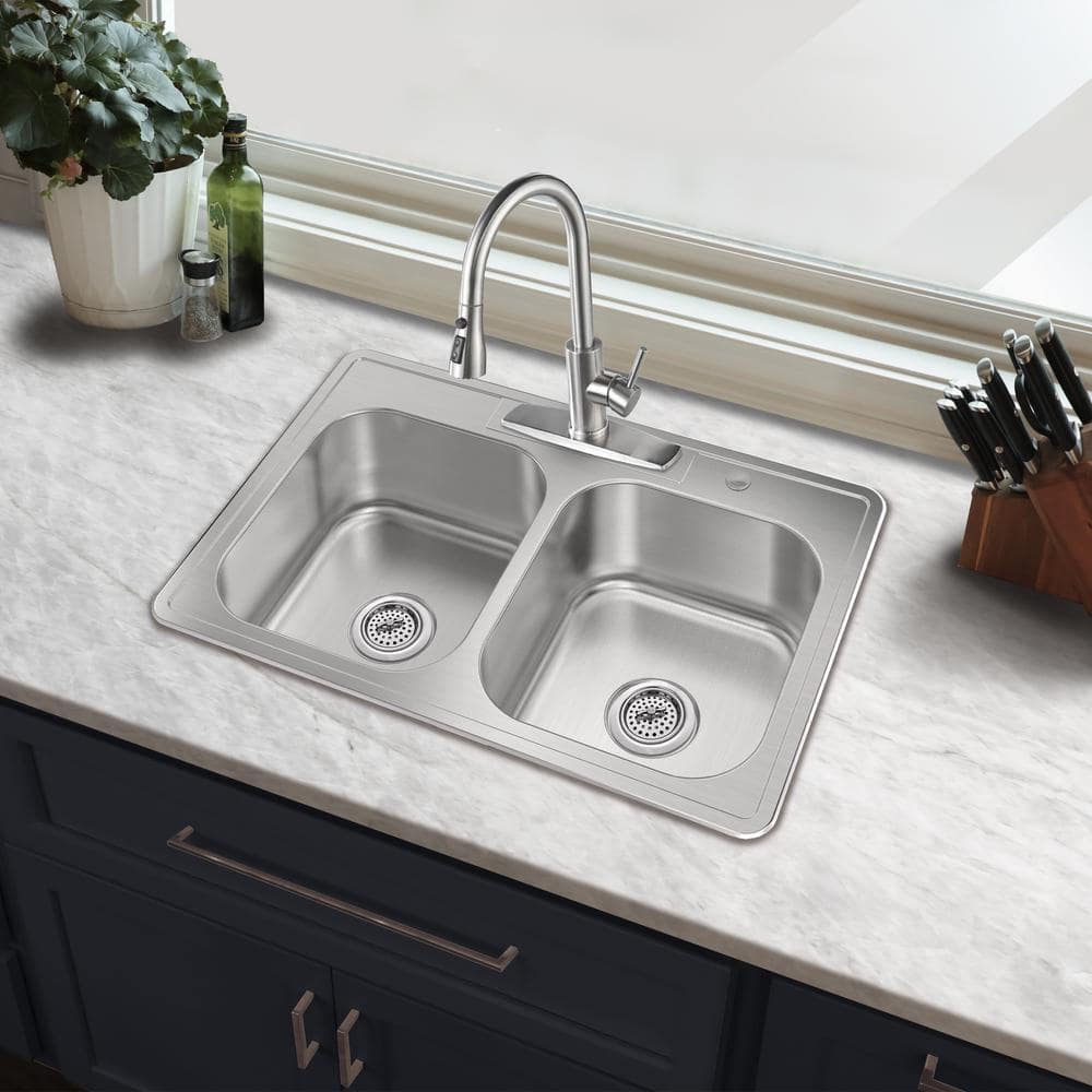 33 in. Drop-In Double Bowl 50/50-20-Gauge Stainless Steel Kitchen Sink - Hercitys