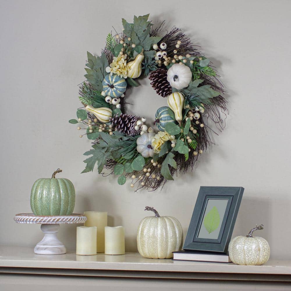 22 in. Green and White Unlit Pumpkins and Berries Fall Harvest Artificial Wreath - Hercitys