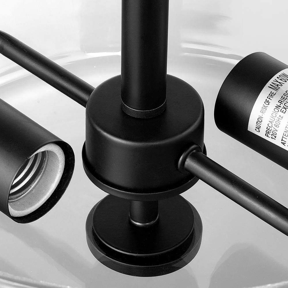 12 in. 2-Light Matte Black Round Semi-Flush Mount, Modern Ceiling Light with Clear Glass Drum Shade - Hercitys