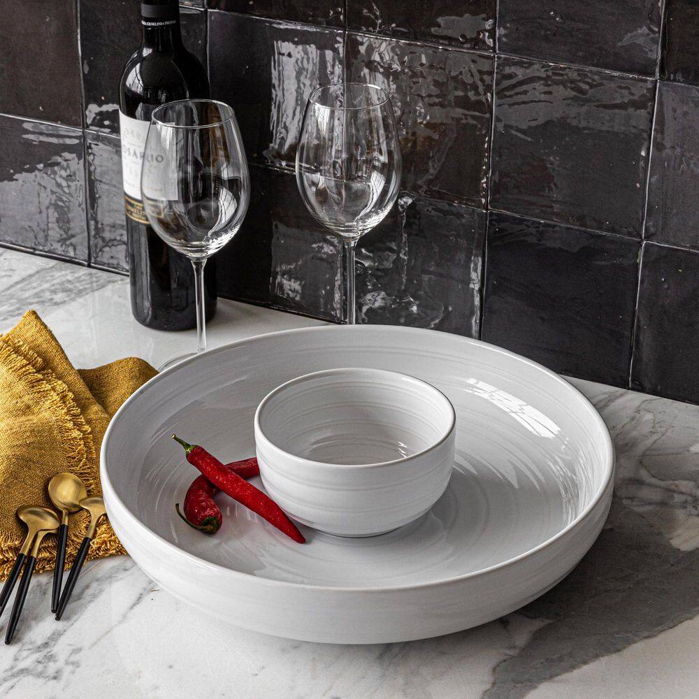 12.99 in. White Stoneware Serving Bowl Round Chip and Dip - Hercitys