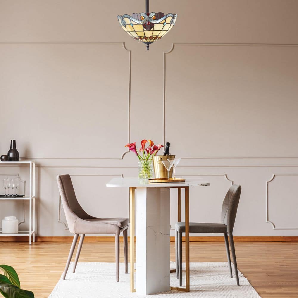 13 in. Tiffany Stained Glass Semi-Flush Mount Ceiling Light with Red and Amber Bowl Shade - Hercitys
