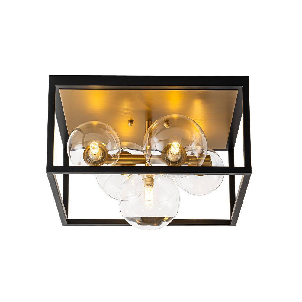 14.17 in. 5-Light Black Gold Modern Farmhouse Open-Caged Flush Mount Close to Ceiling Light with Clear Glass Shade - Hercitys