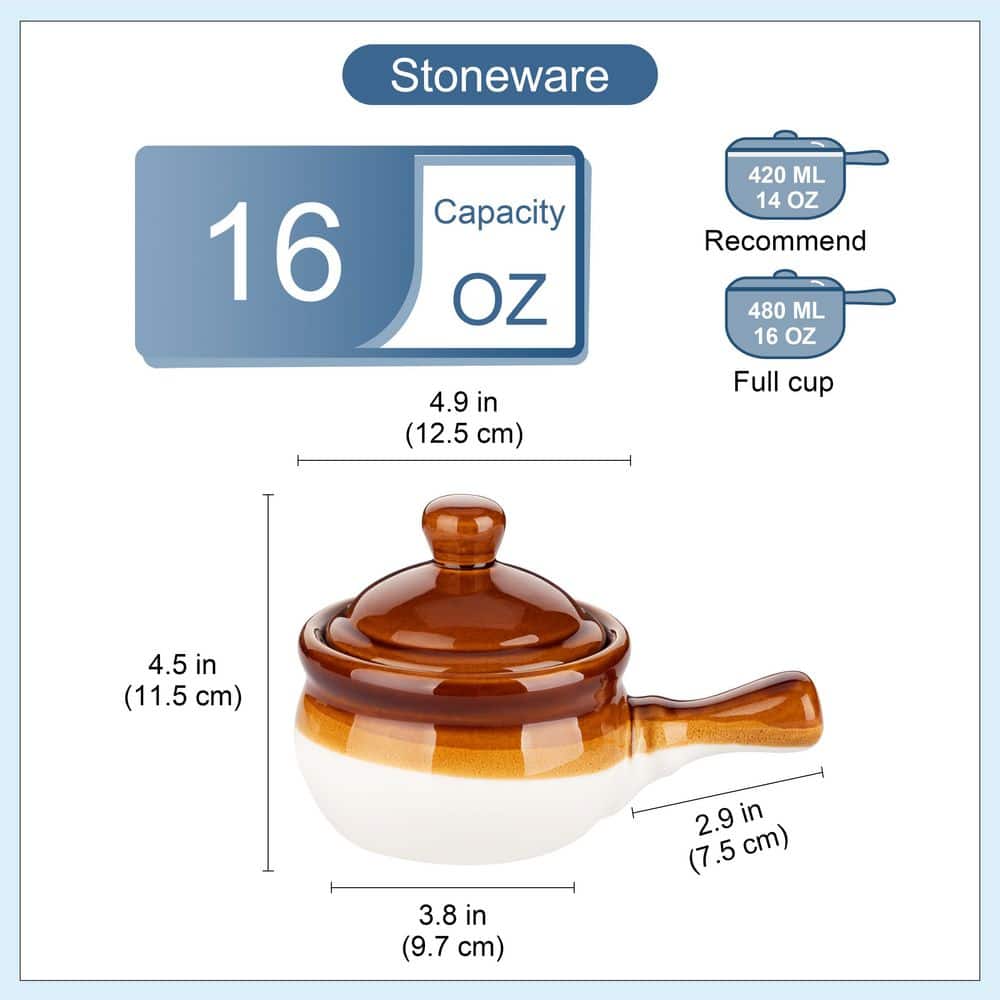 16 fl. oz. Brown and White Stoneware French Onion Soup Bowls Set of 4 Small Serving Bowls with Lid and Handle - Hercitys