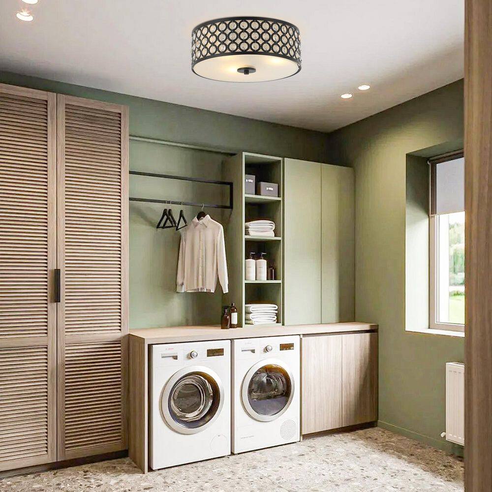 14 in. 3-Light Black Drum Flush Mount Crystal Ceiling Light with Clear Inner Shade - Hercitys