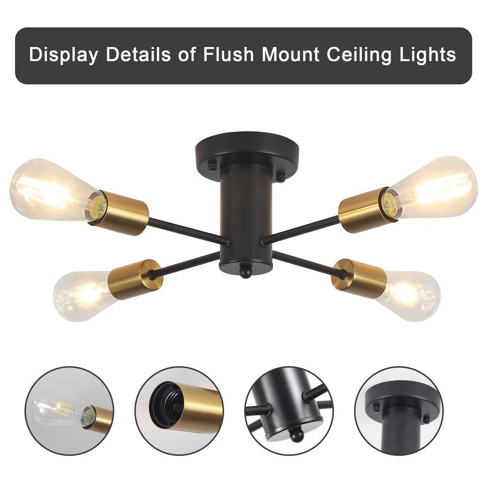17.5 in. 4-Light Black and Gold Sputnik Transitional Flush Mount Ceiling Lights - Hercitys