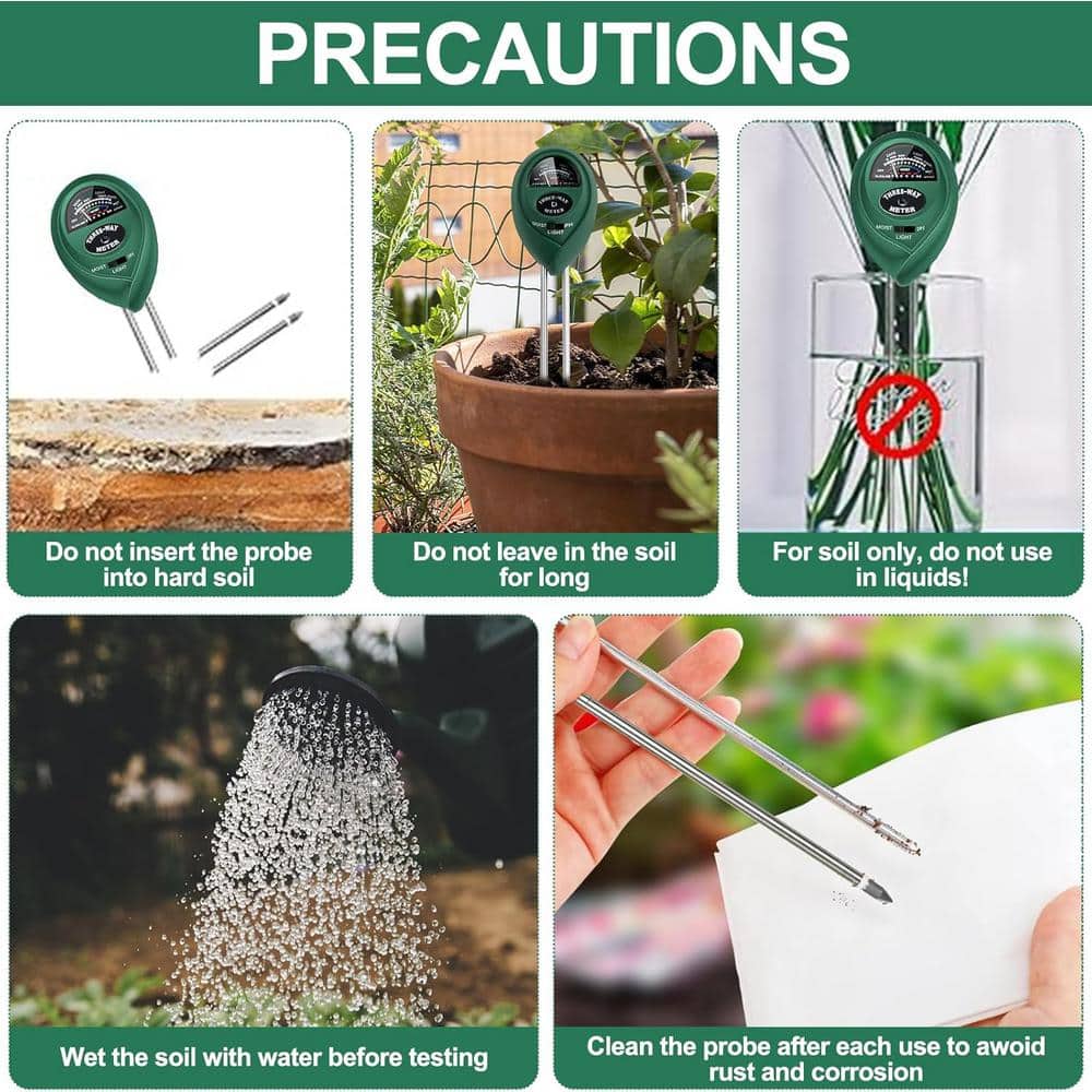 3 in. Soil Tester, Plant Moisture Meter Light and PH Tester for Home, Garden, Lawn, Farm Use, Green Finish (2-Pack) - Hercitys