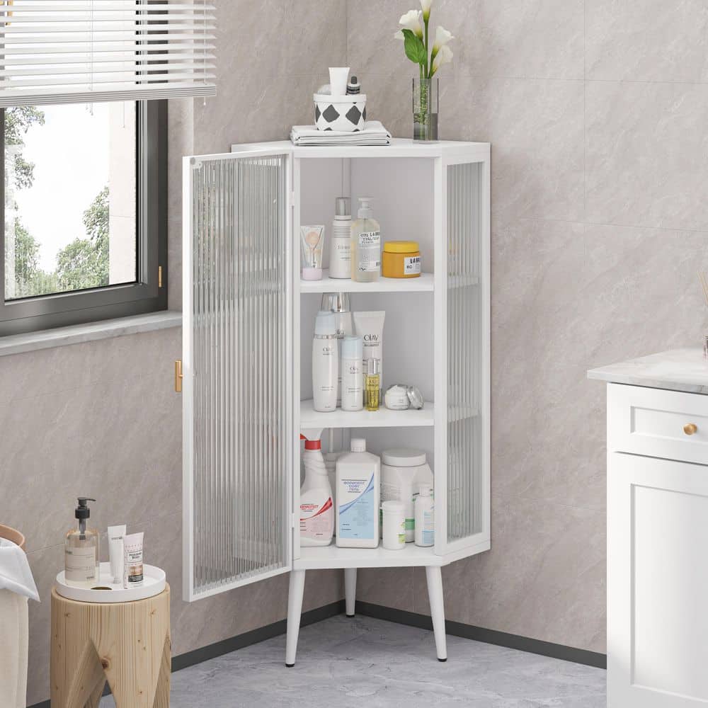 22.25 in. W x 15.75 in. D x 43.3 in. H in White Unassembled Metal Floor Coner Bath Cabinet with Tempered Glass Doors - Hercitys