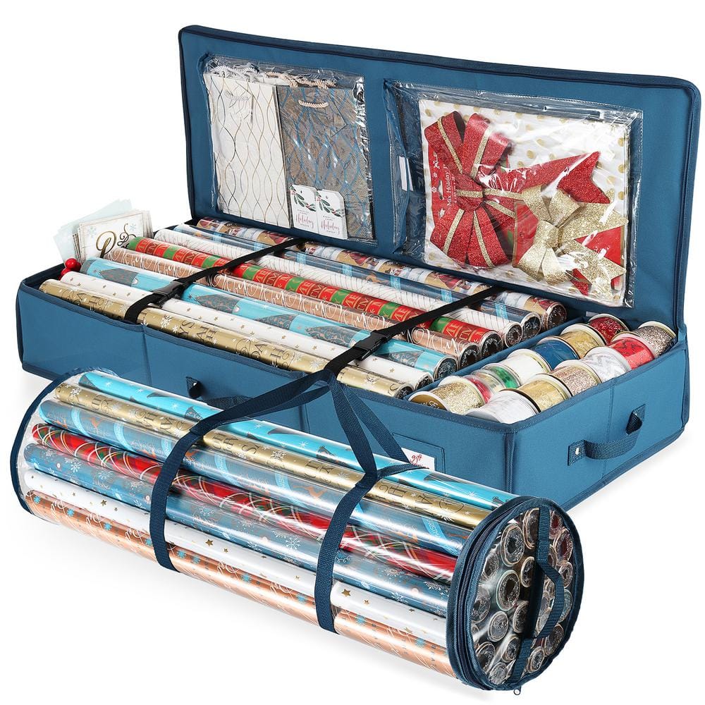 40 in. Blue Gift Wrapping Paper Storage Box and Holiday Accessories Storage and Waterproof Wrapping Storage Bag - Hercitys