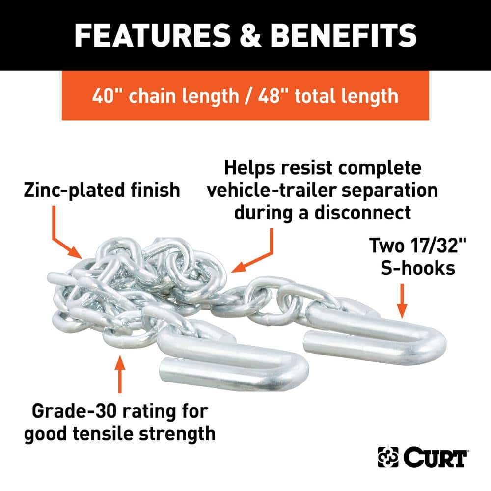 48″ Safety Chain with 2 S-Hooks (7,000 lbs., Clear Zinc) - Hercitys