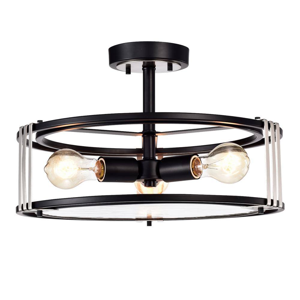 16 in. 3-Light Black and Brushed Nickel Round Semi Flush Mount with Verre Strie Glass - Hercitys