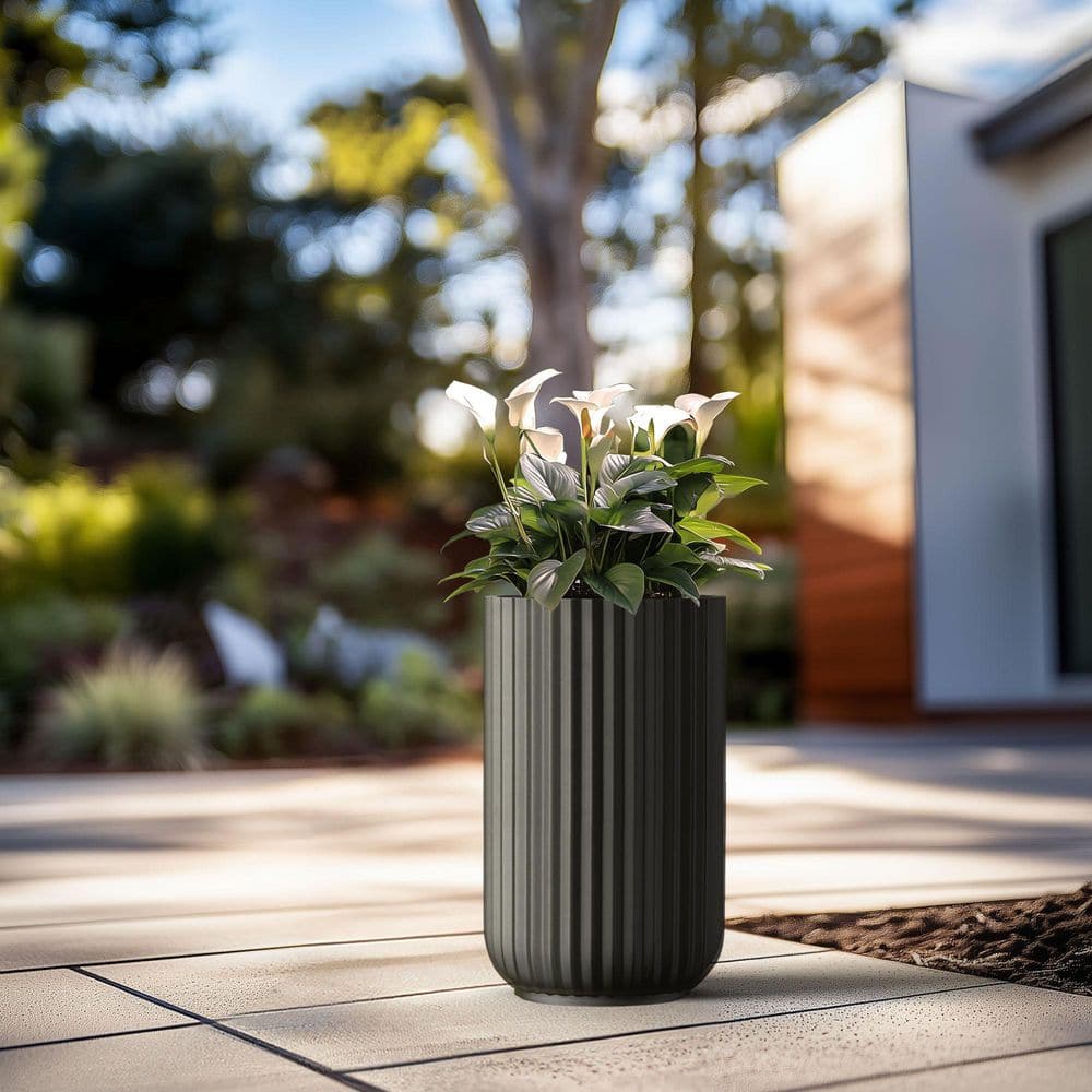 11.5 in. Large Charcoal Black Concrete Round Planter / Pot with Drainage Holes - Hercitys