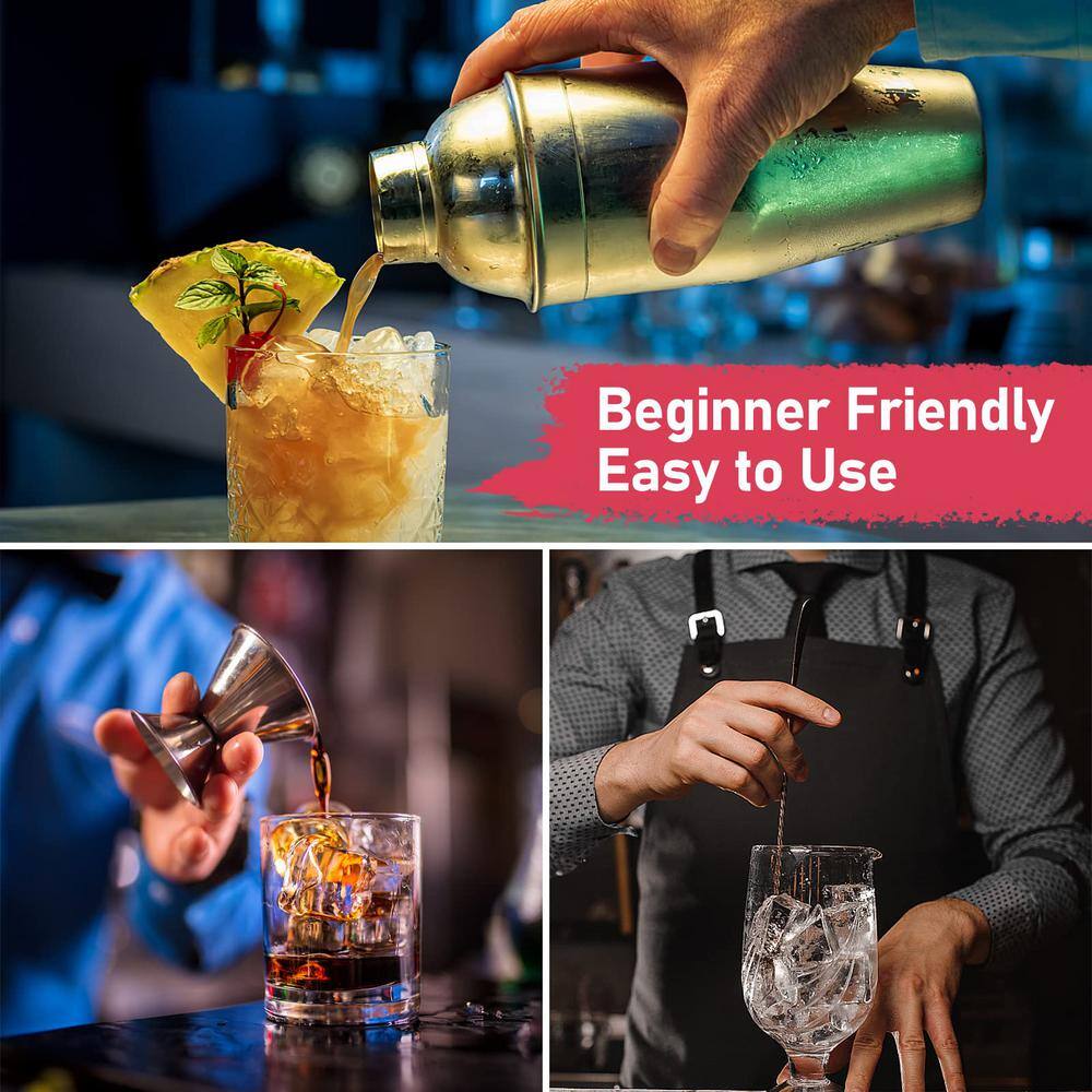 3 in 1 25 oz. Silver Stainless Steel 1-Piece Cocktail Shaker with Measuring Jigger and Mixing Spoon - Hercitys